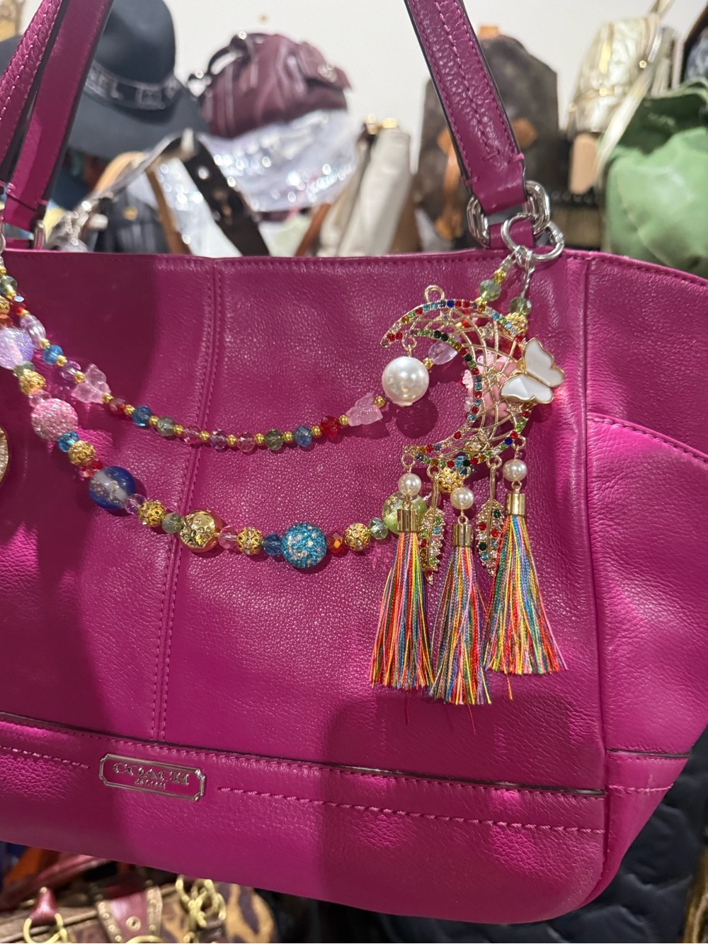 Bag Charm handmade with Colorful Tassel, doble chain